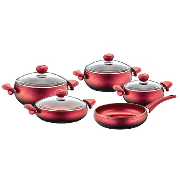 OMS Granite Cookware Set of 9 pcs (Glass Lids) Red