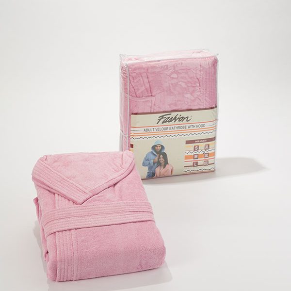 Fashion Cotton Velour Bathrobe With Hood- Pink- L
