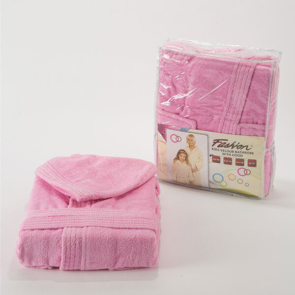 Fashion Velour Children Bathrobe With Hood- Pink- S